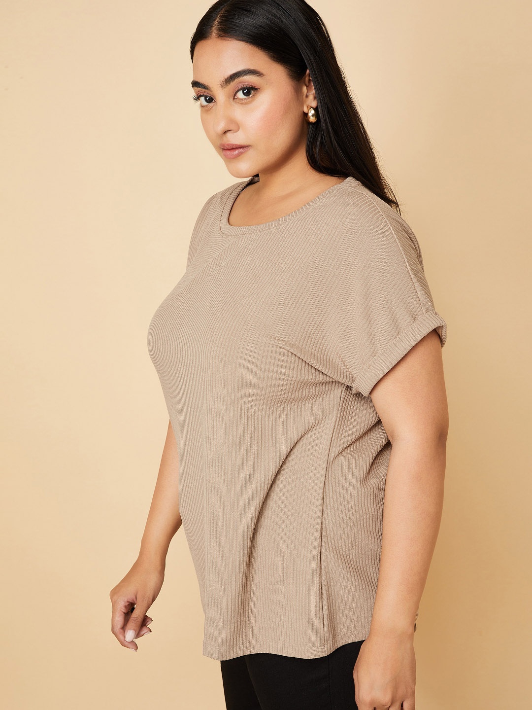 

max Women Plus Size Solid Round Neck T-shirt, Brown