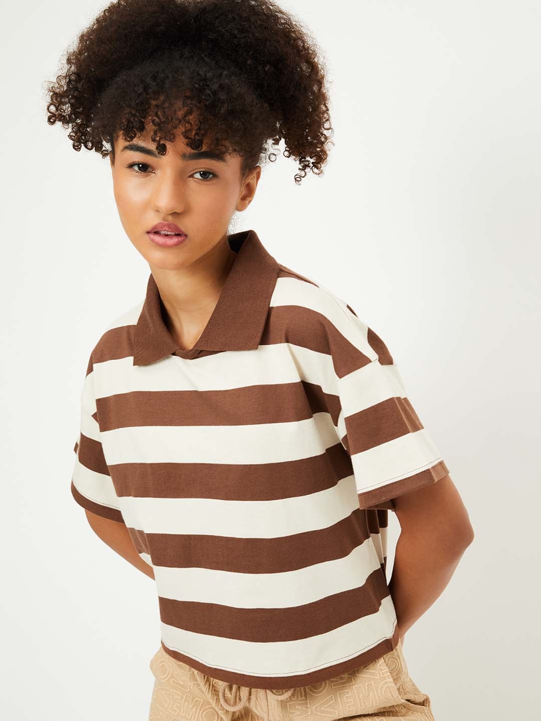 

max Striped Polo Collar Pure Cotton T-shirt, Brown
