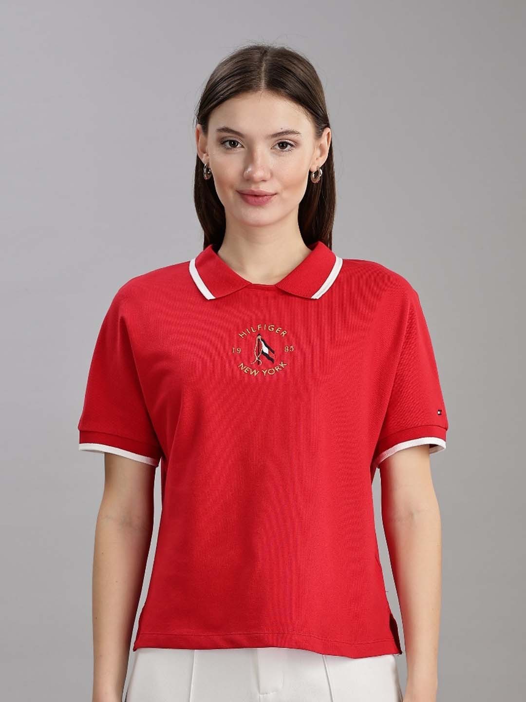 

Tommy Hilfiger Europe Women Embroidered Brand Logo Polo Collar Cotton T-shirt, Red