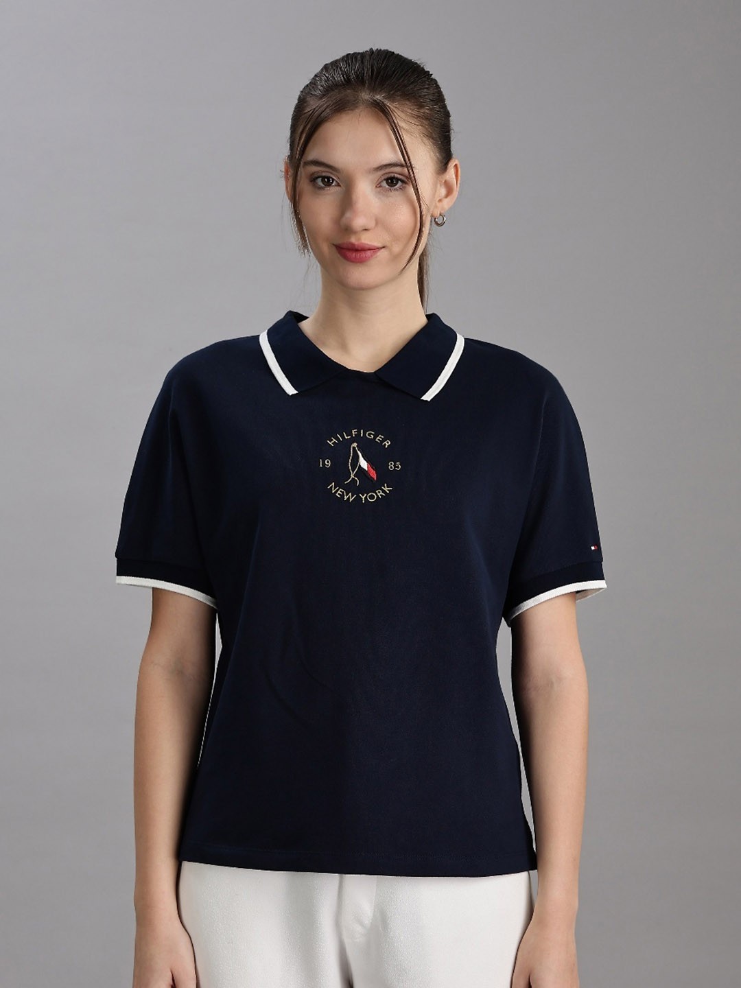 

Tommy Hilfiger Europe Women Embroidered Solid Polo Collar Cotton T-shirt, Navy blue