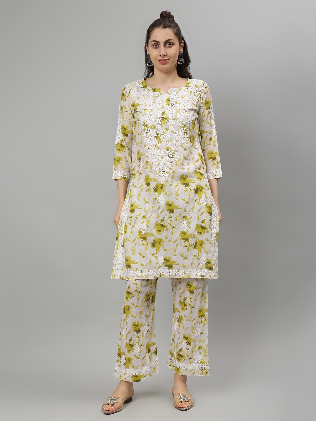 

Seva Chikan Floral Printed Embroidered Lucknowi Chikankari Straight Kurta With Palazzos, White