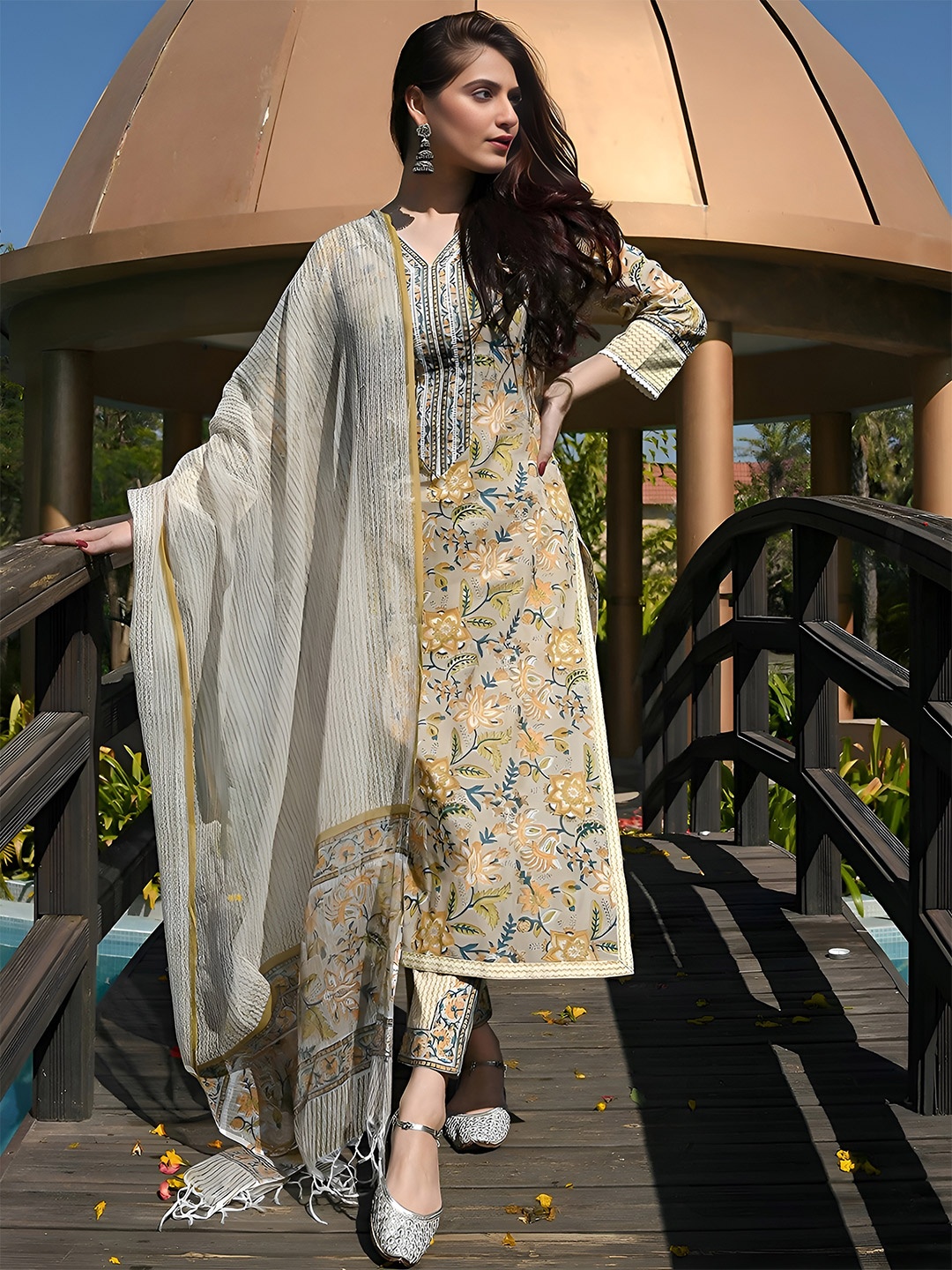 

Shree Infinity Export Abstract Printed Anarkali Kurta with Trousers & Dupatta, Yellow
