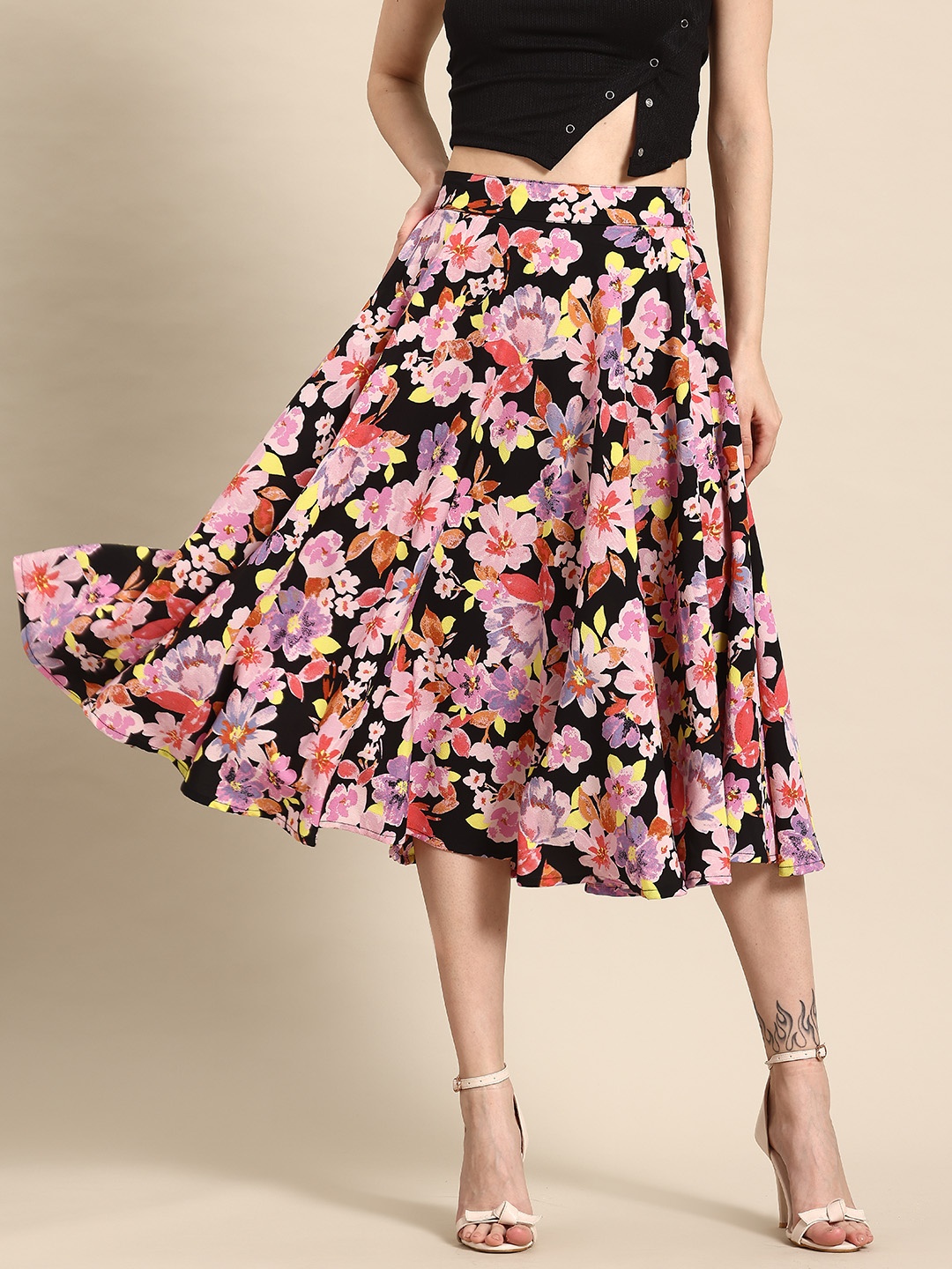 

DODO & MOA Floral Printed Satin Flared Skirt, Multi