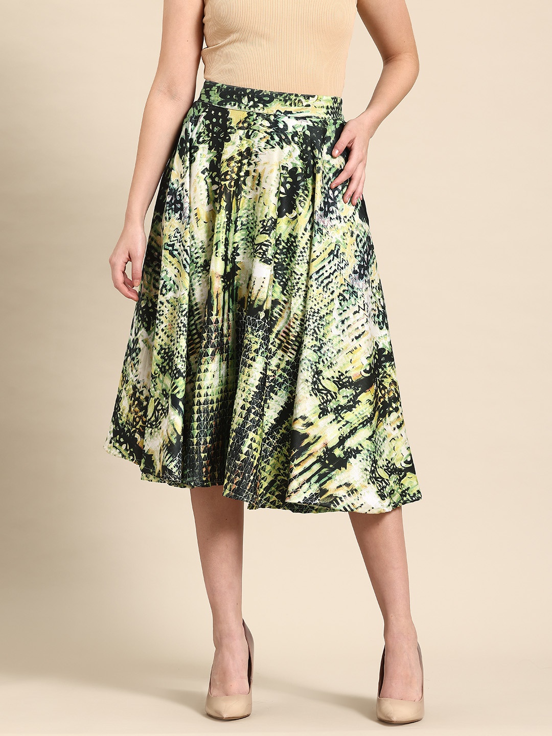 

DODO & MOA Abstract Printed Crepe Flared Skirt, Green