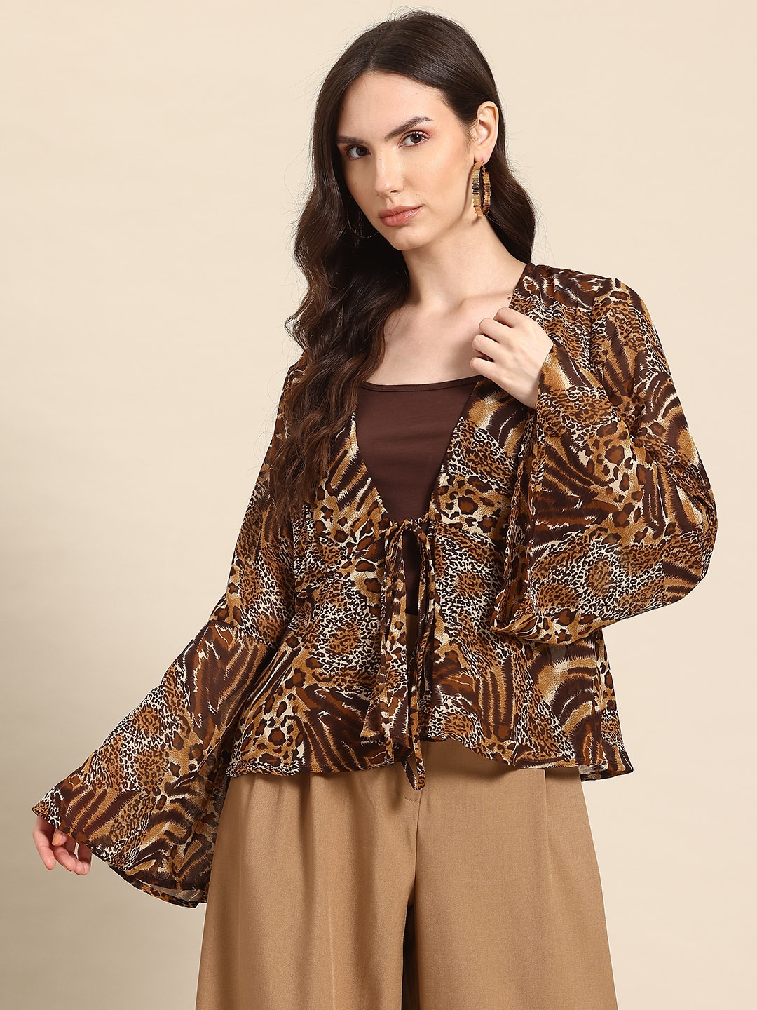 

DODO & MOA Printed Tie-Up Shrug, Brown