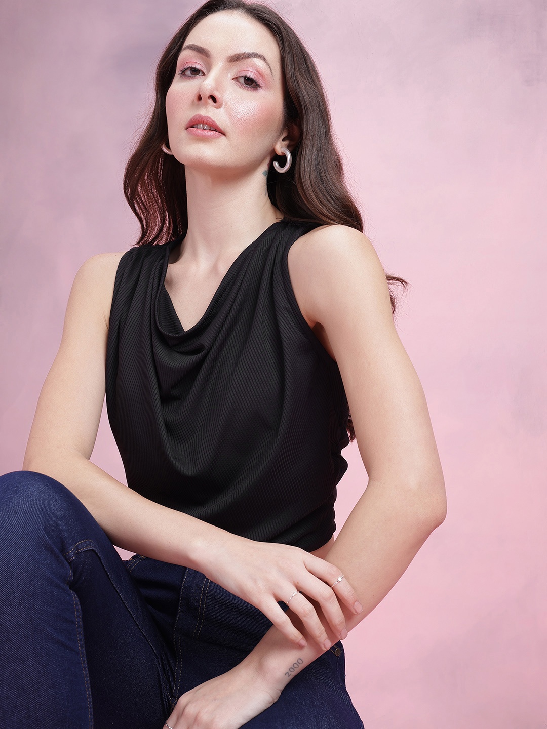 

DressBerry Solid Cowl Neck Top, Black