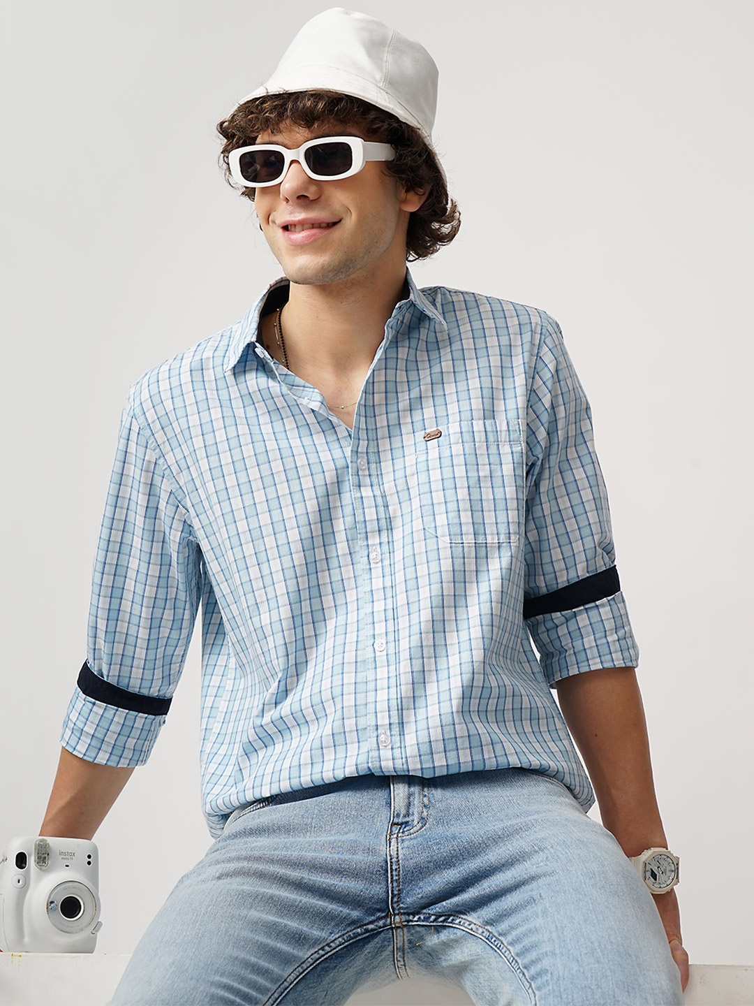 

Genoa Men Classic Slim Fit Tartan Checks Opaque Checked Casual Shirt, Blue