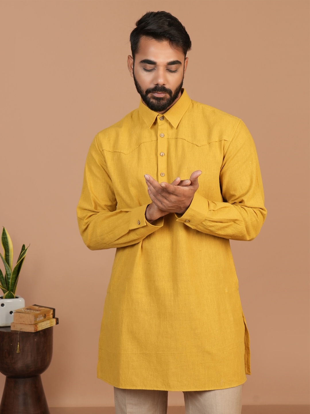 

Inkriti Shirt Collar Organic Cotton Short Pathani Straight Kurta, Mustard