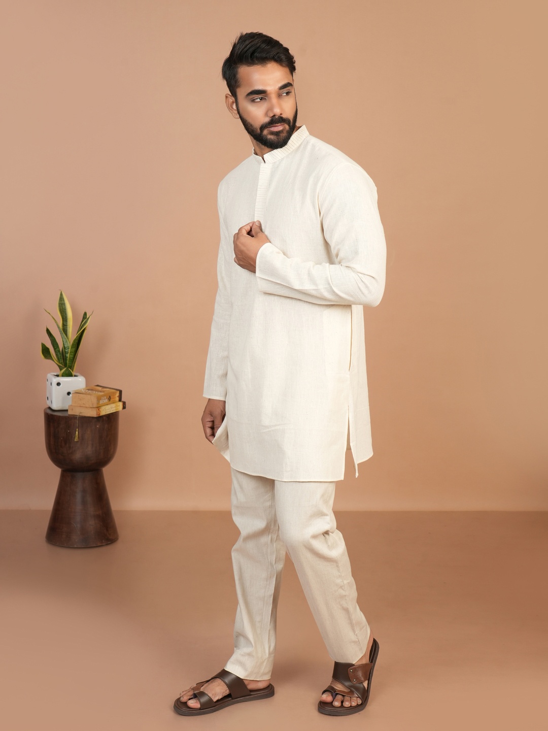 

Inkriti Mandarin Collar Pintucks Detail Organic Cotton Straight Kurta, Off white