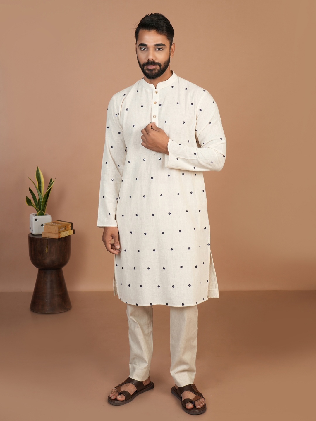 

Inkriti Mandarin Collar Mirror Work Organic Cotton Straight Kurta, Off white