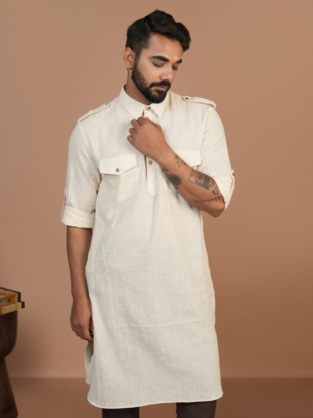 

Inkriti Shirt Collar Organic Cotton Pathani Straight Kurta, Off white