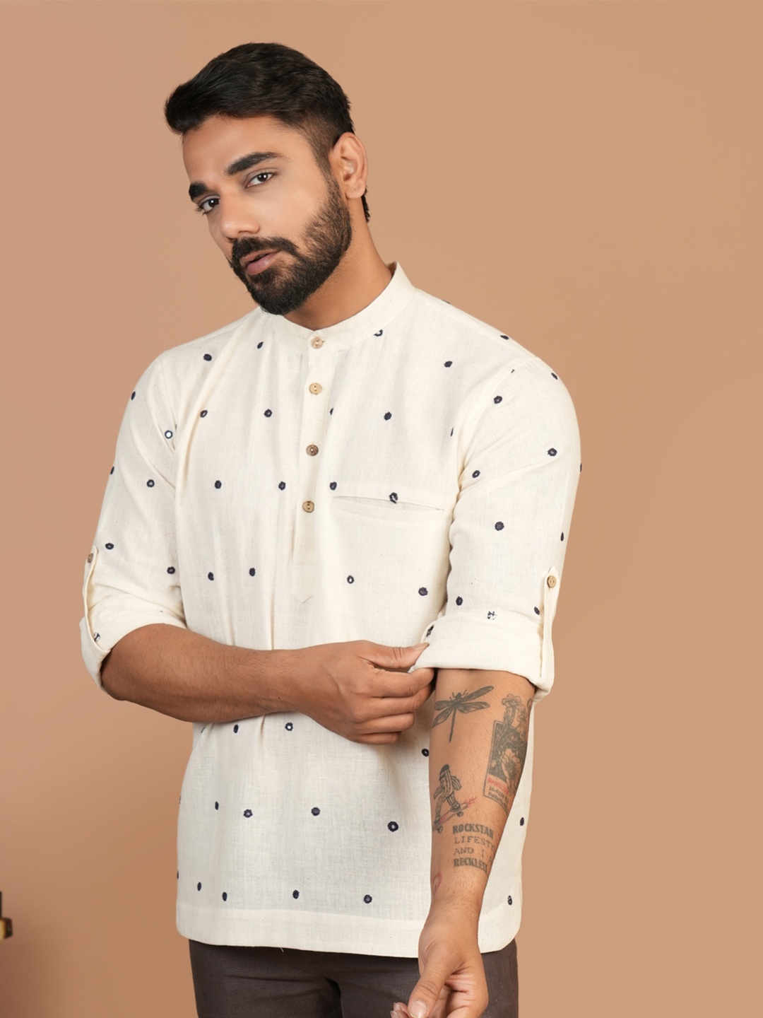 

Inkriti Geometric Printed Band Collar Organic Cotton Short Popover Kurta Shirt, White