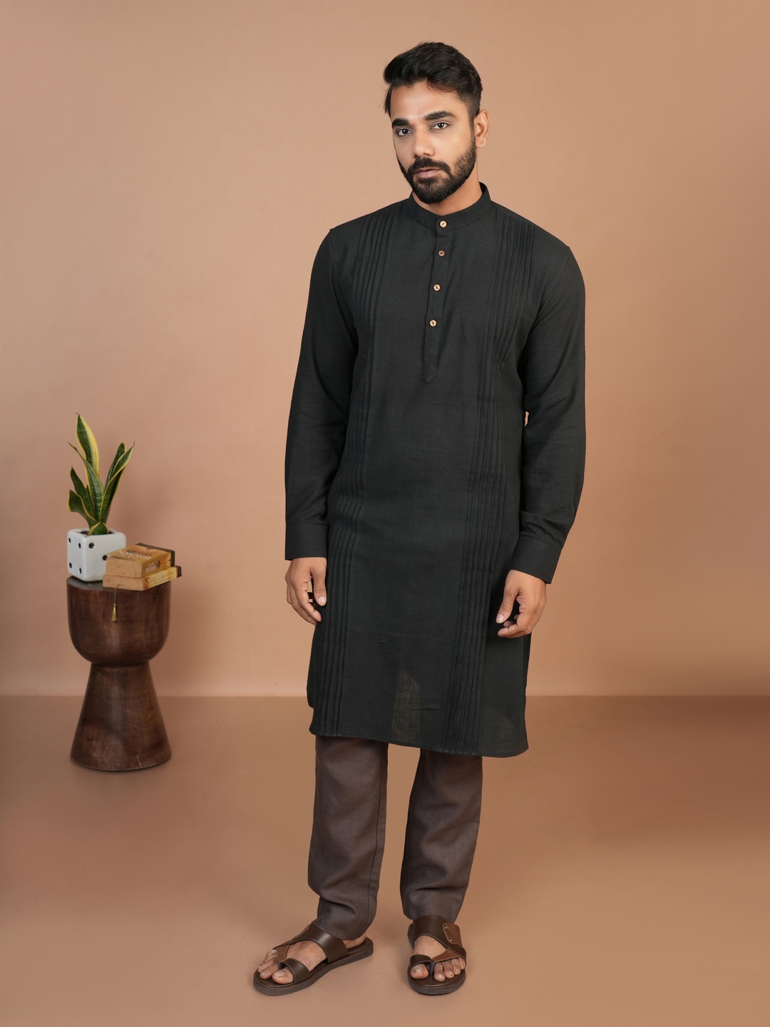 

Inkriti Pleated Band Collar Organic Cotton Straight Kurta, Black