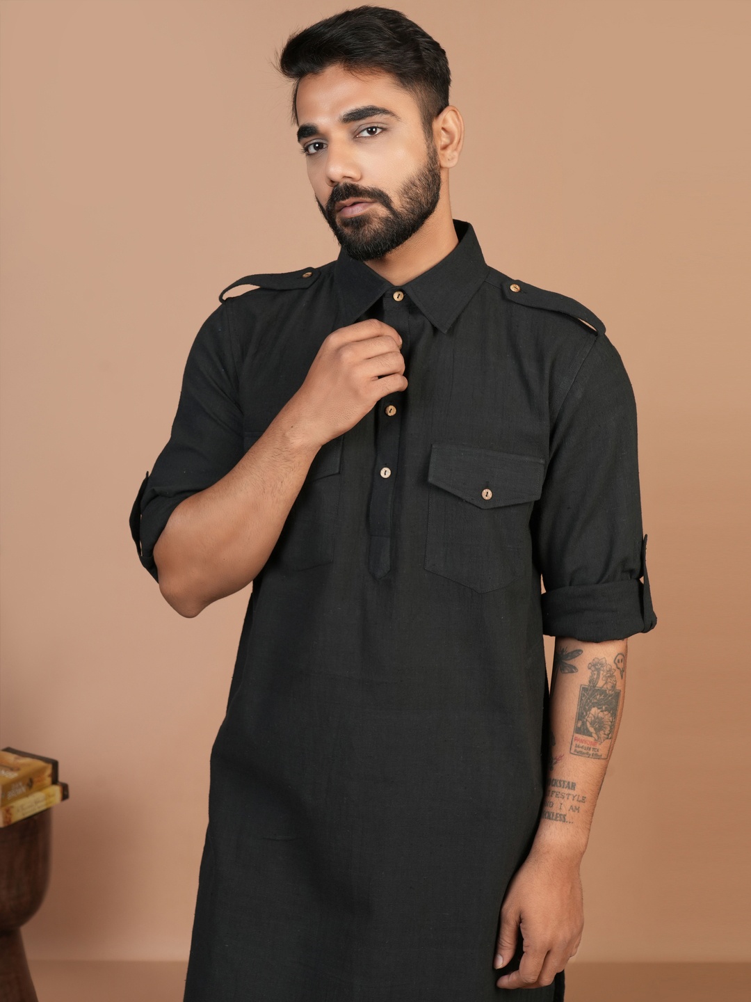 

Inkriti Shirt Collar Organic Cotton Pathani Straight Kurta, Black