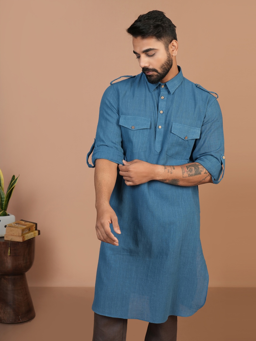 

Inkriti Shirt Collar Organic Cotton Pathani Kurta, Blue