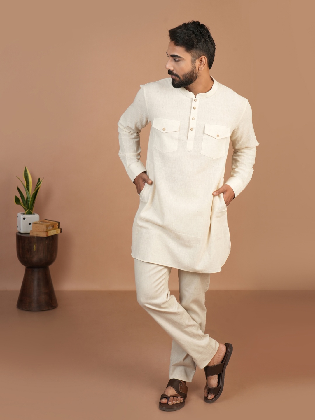 

Inkriti Mandarin Collar Organic Cotton Pathani Straight Kurta, Off white