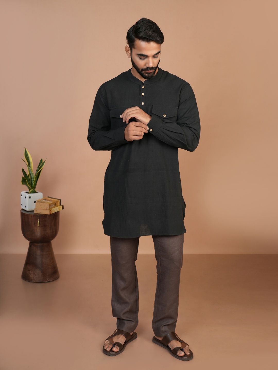 

Inkriti Mandarin Collar Organic Cotton Pathani Straight Kurta, Black