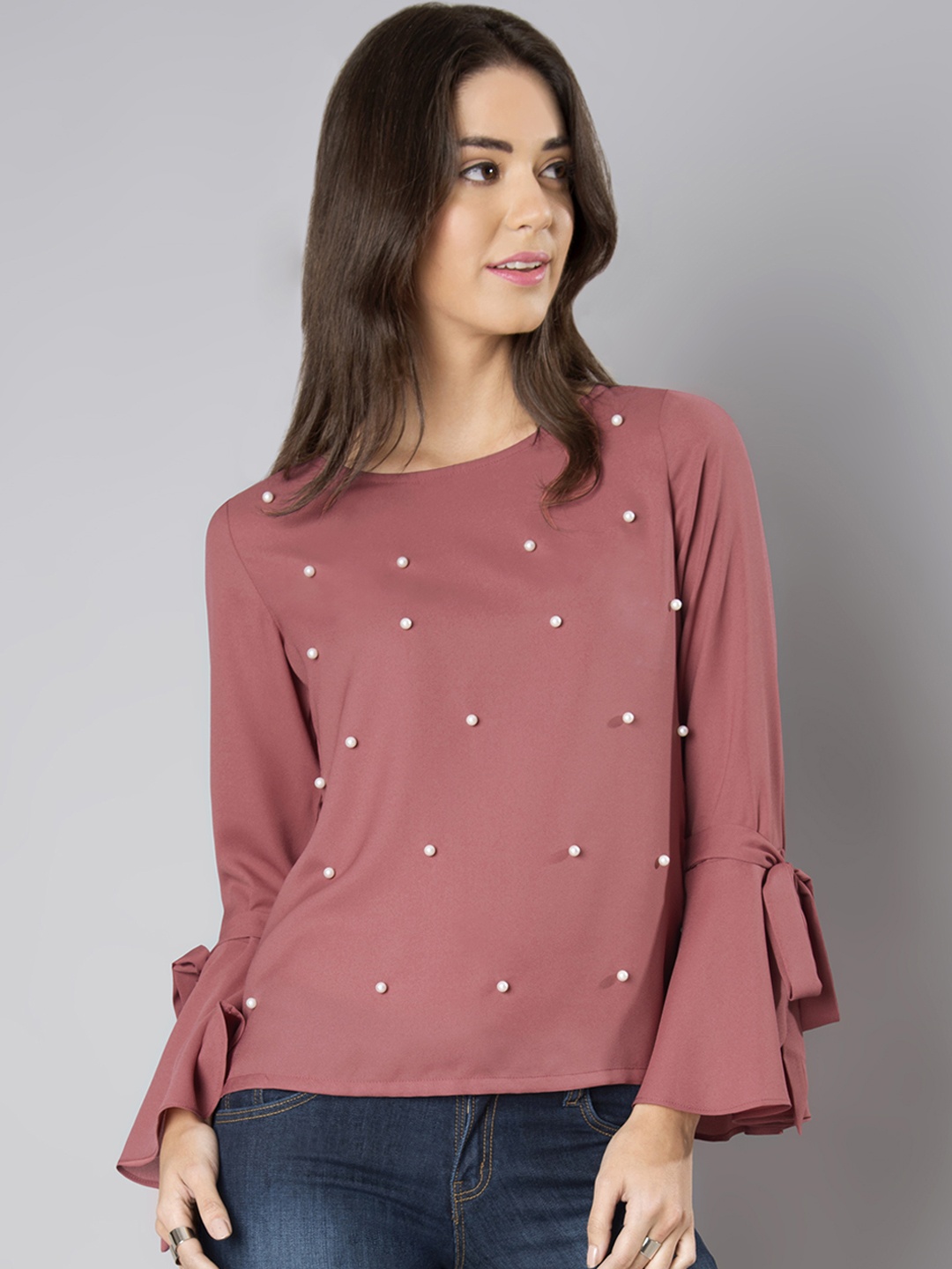 

FabAlley Women Mauve Solid Bead Studded Top