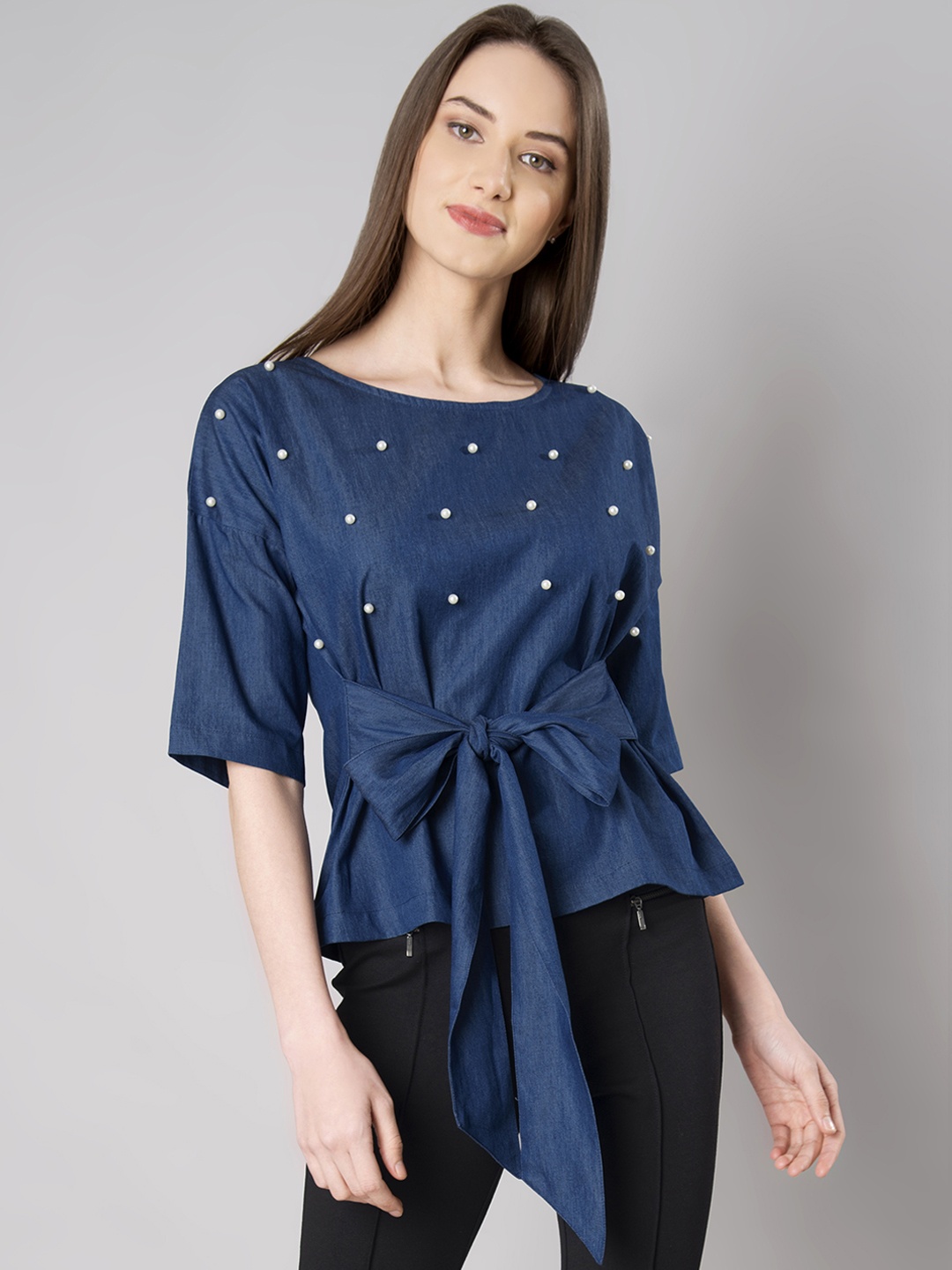

FabAlley Women Blue Solid Denim Pure Cotton Top