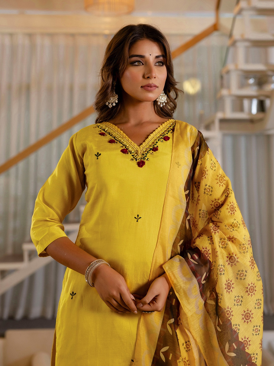 

SKYLEE Floral Yoke Design Round Neck Mirror Work Straight Kurta With Trousers & Dupatta, Yellow