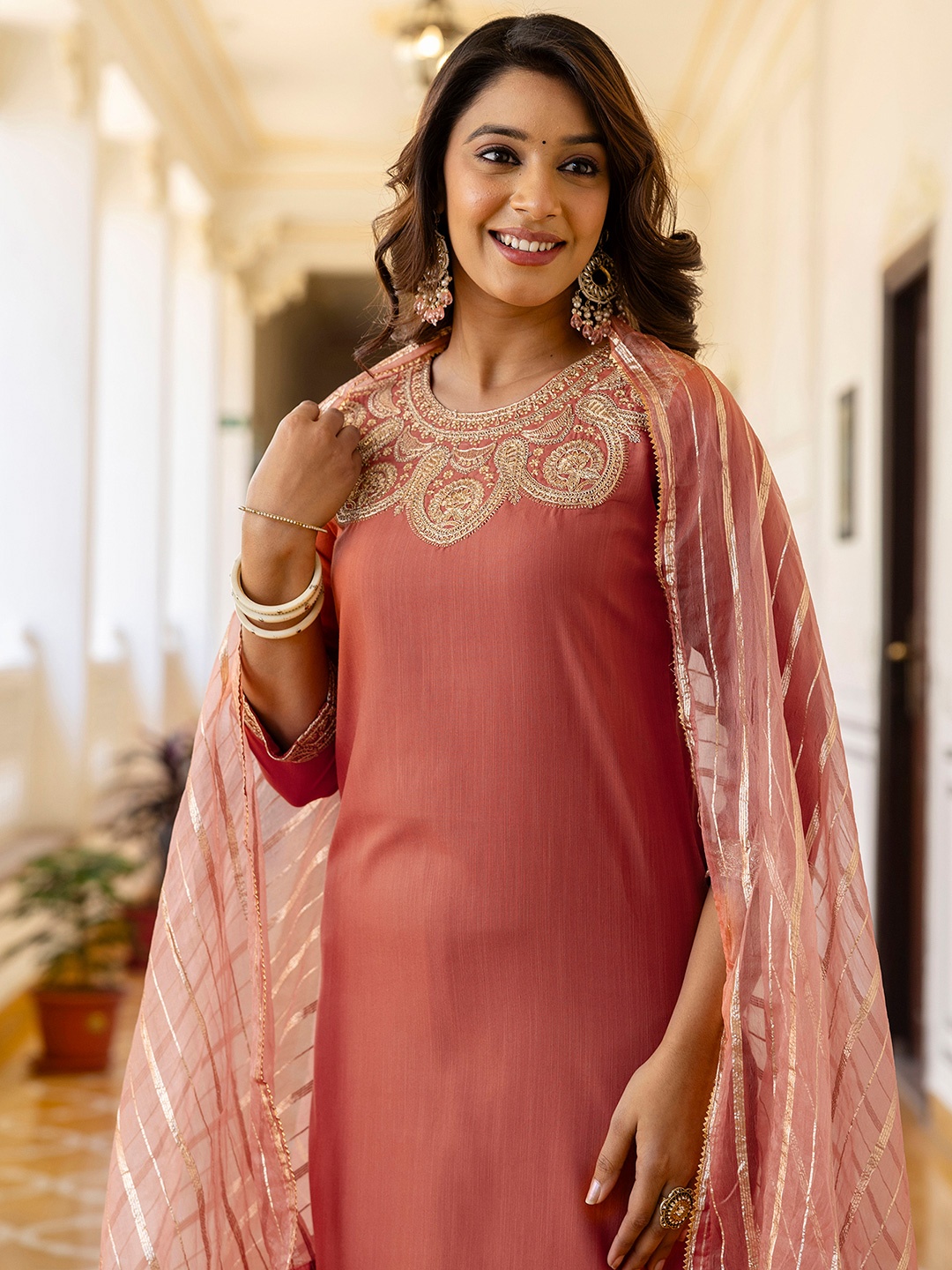 

SKYLEE Floral Yoke Design Zari Straight Kurta With Trousers & Dupatta, Orange