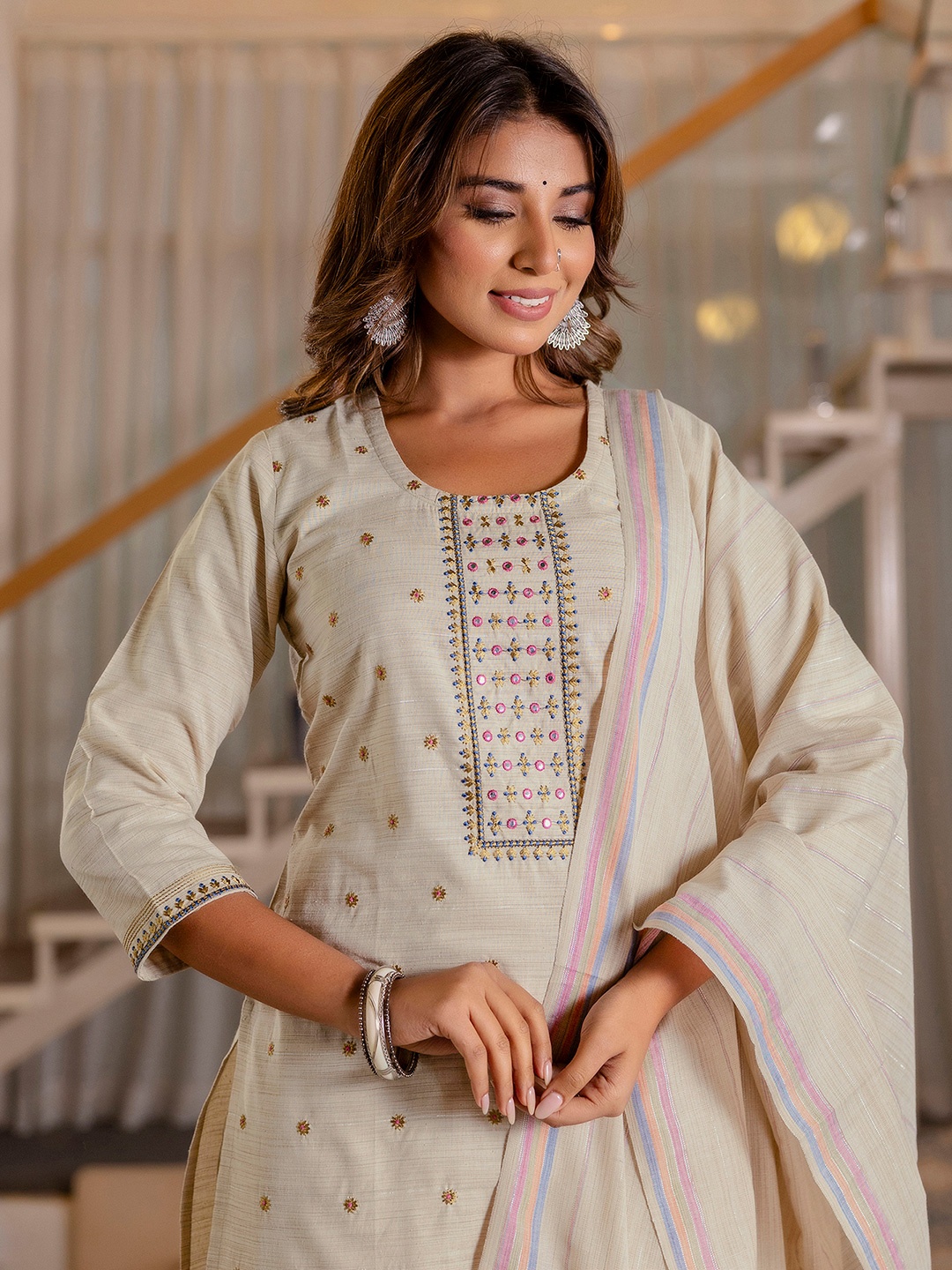 

SKYLEE Floral Embroidered Mirror Work Straight Kurta With Trousers & Dupatta, Beige