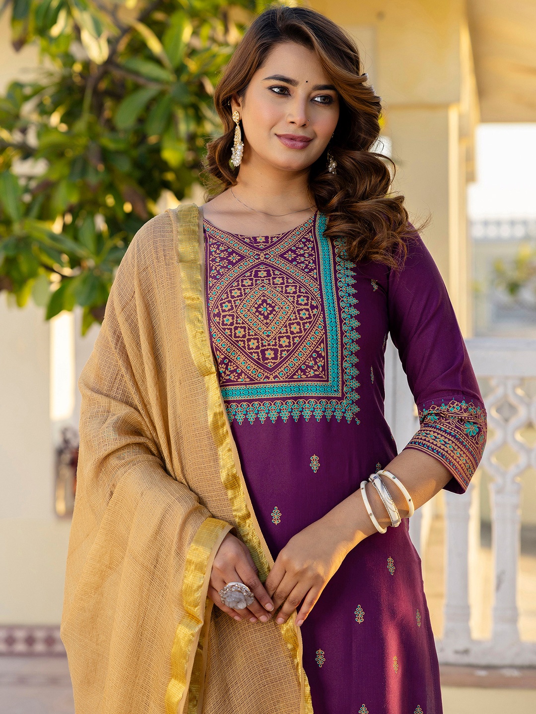 

SKYLEE Floral Embroidered Round Neck Sequinned Straight Kurta With Trousers & Dupatta, Purple