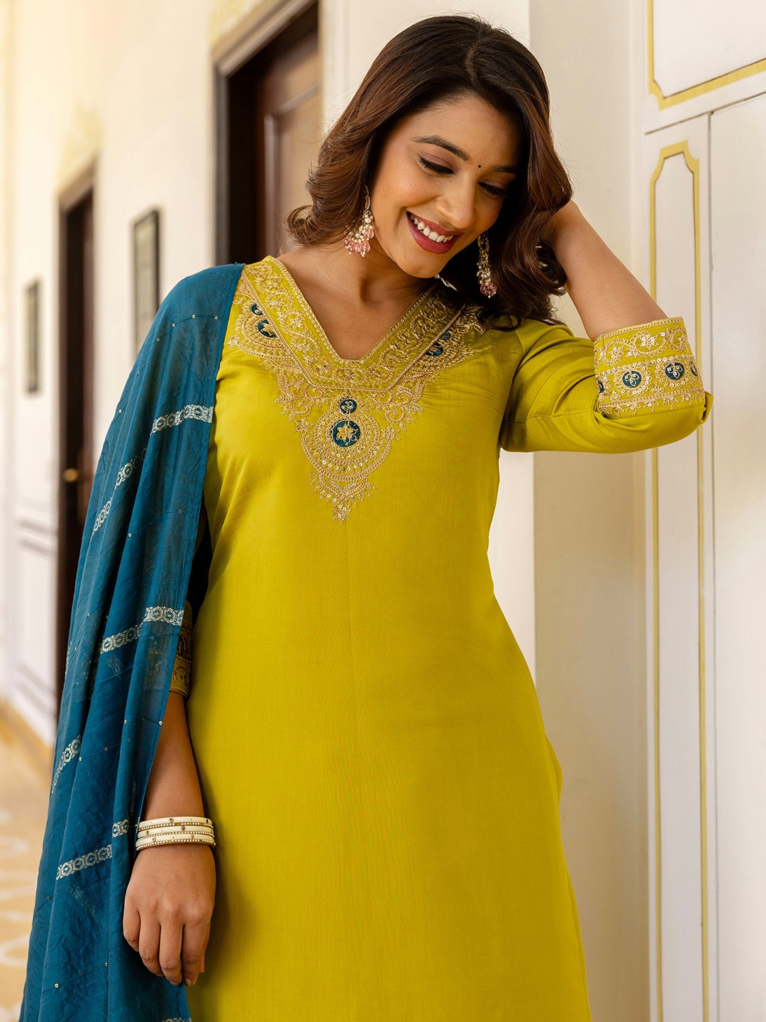 

SKYLEE Floral Embroidered V-Neck Zari Pure Silk Straight Kurta With Trousers & Dupatta, Mustard