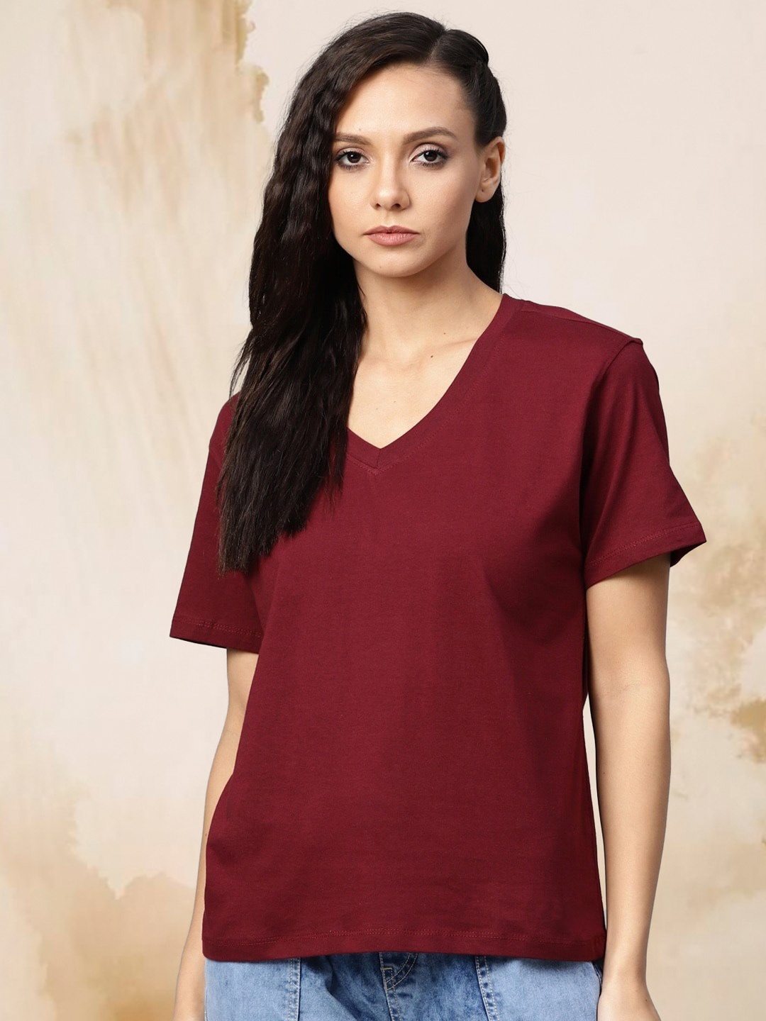 

CORSICA Women Solid V-Neck Cotton T-shirt, Maroon