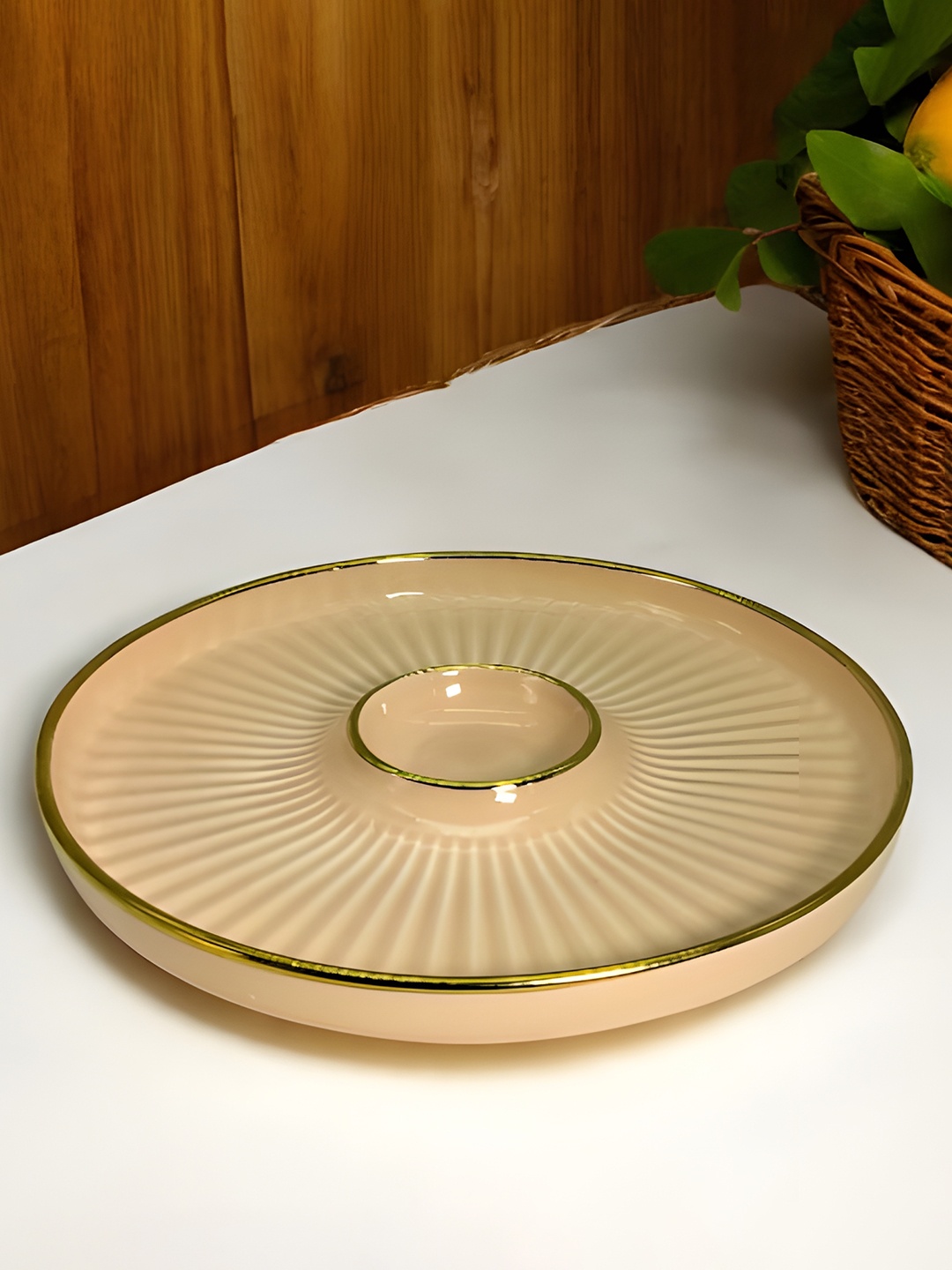 

LEMONTREE Peach-Coloured & Gold Toned Textured Ceramic Food Platter