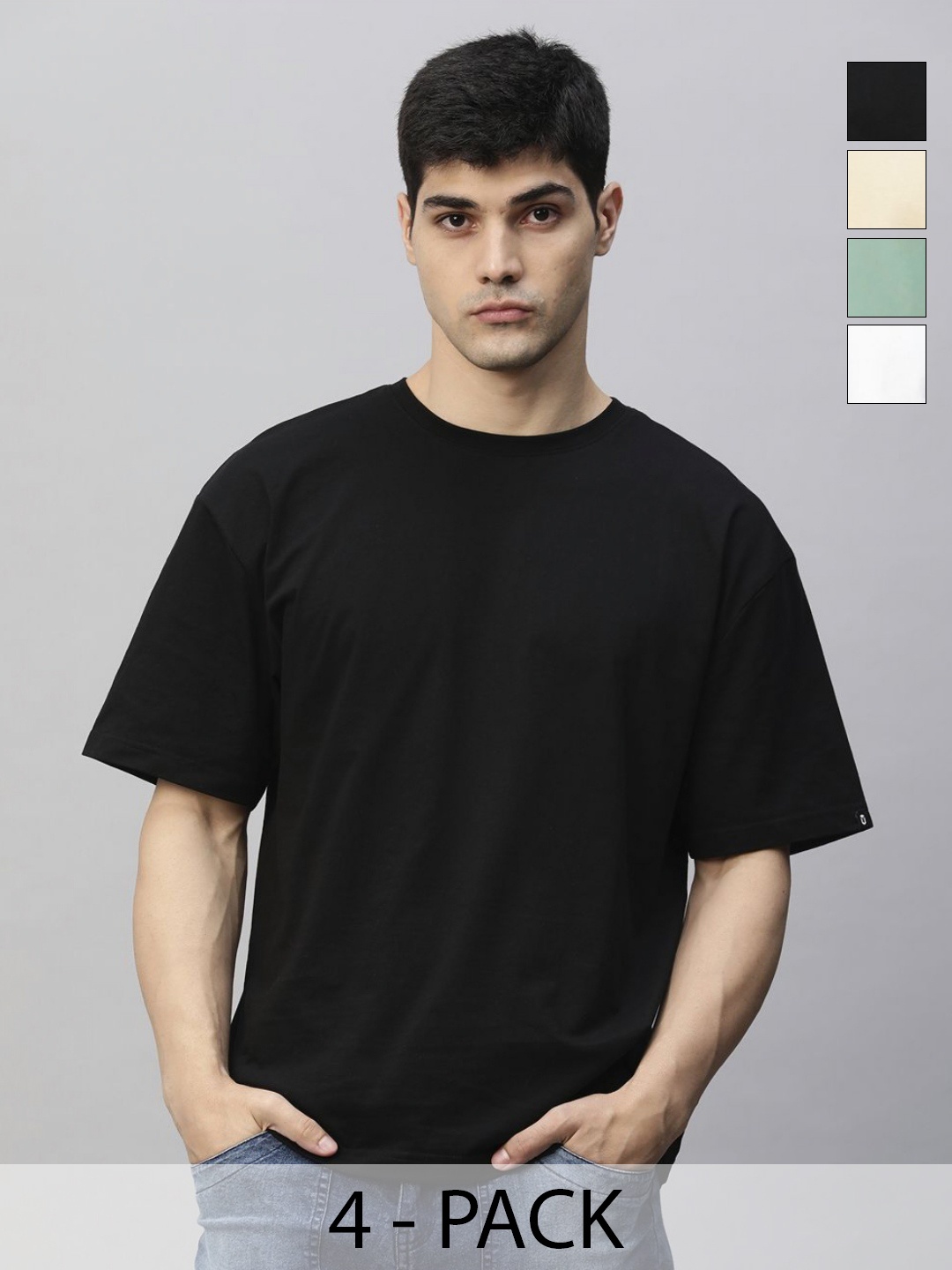 

PRONK Pack Of 4 Henley Neck Extended Sleeves Oversized T-shirt, Black