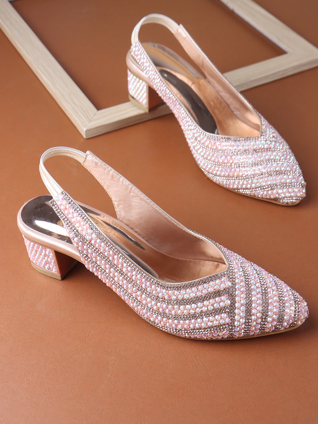 

Anouk Women Embellished PU Party Block Pumps, Rose gold