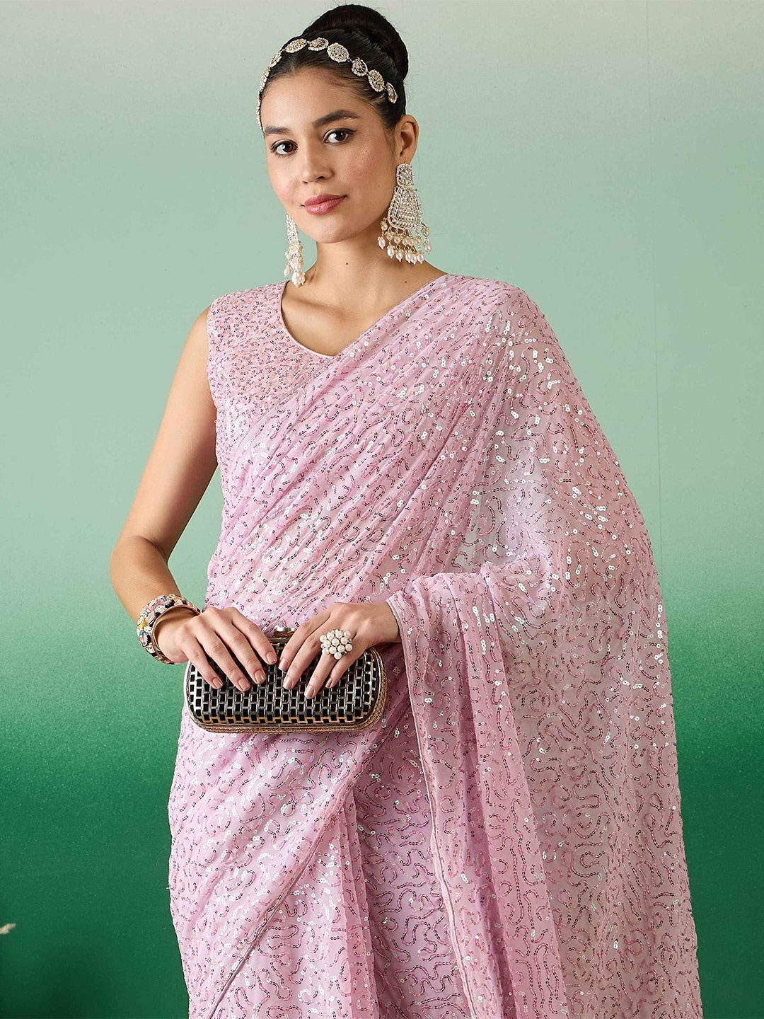 

Sangria Embellished Sequinned Saree With Blouse, Pink