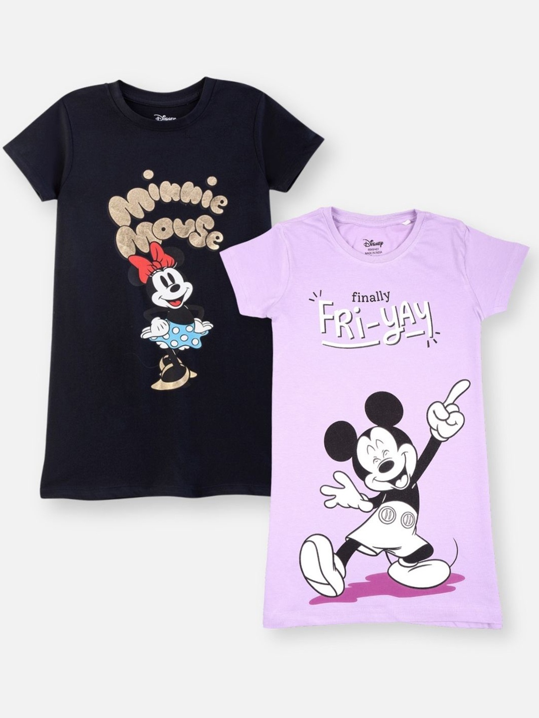 

Nap Chief Girls Pack Of 2 Mickey & Minnie Mouse Printed Pure Cotton T-shirt Dress, Lavender