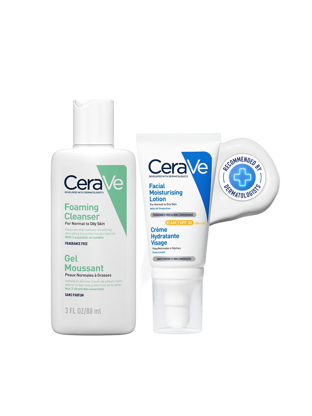 

CeraVe Facewash & AM Moisturizing Lotion with SPF 30 Combo - Morning Routine for Oily Skin, White