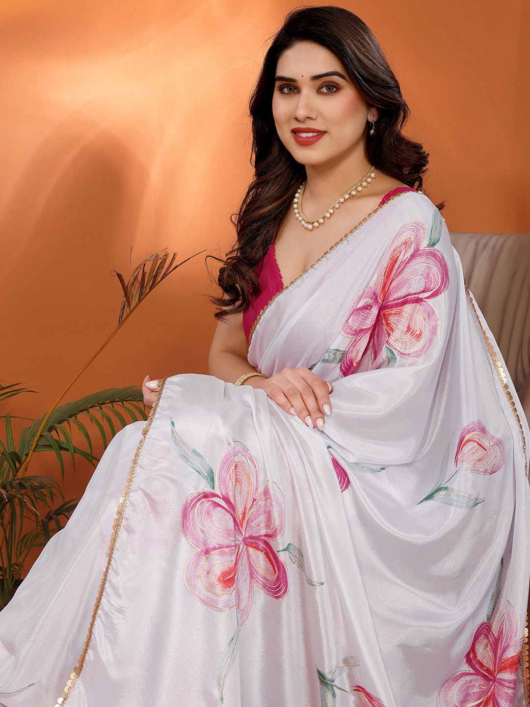 

all about you Floral Printed Gotta Patti Saree, White