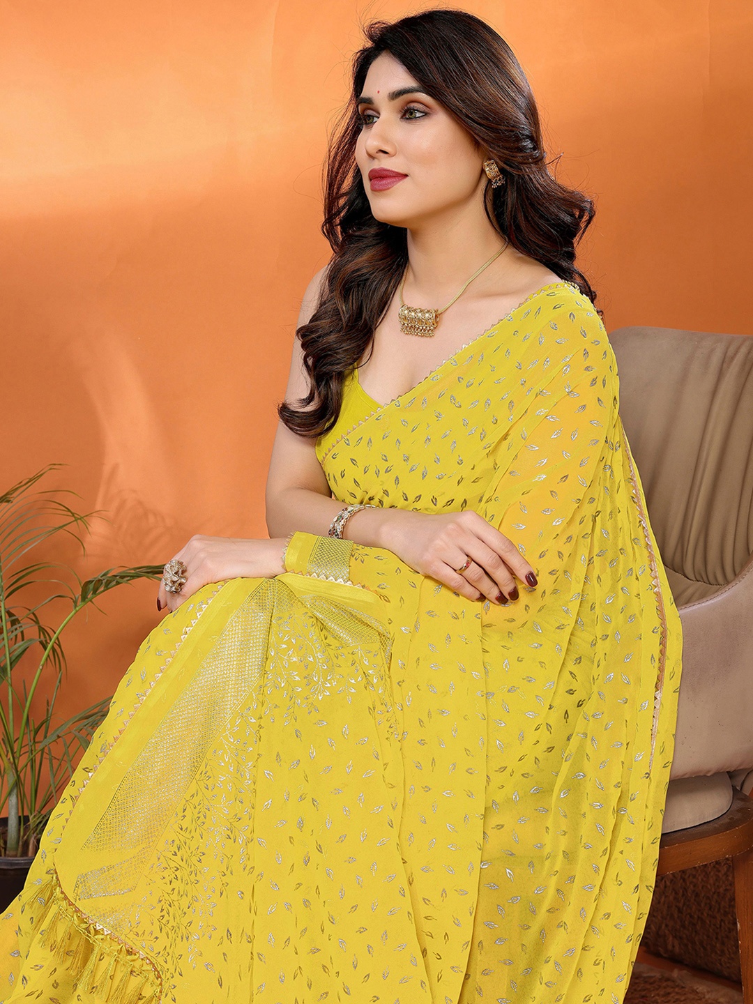 Mitera Floral Woven Design Pure Georgette Saree, Yellow