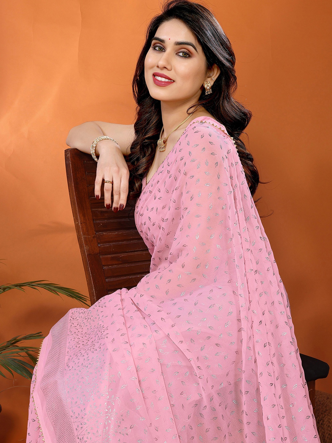 

Mitera Pure Georgette Embellished Saree With Unstitched Blouse Piece, Pink