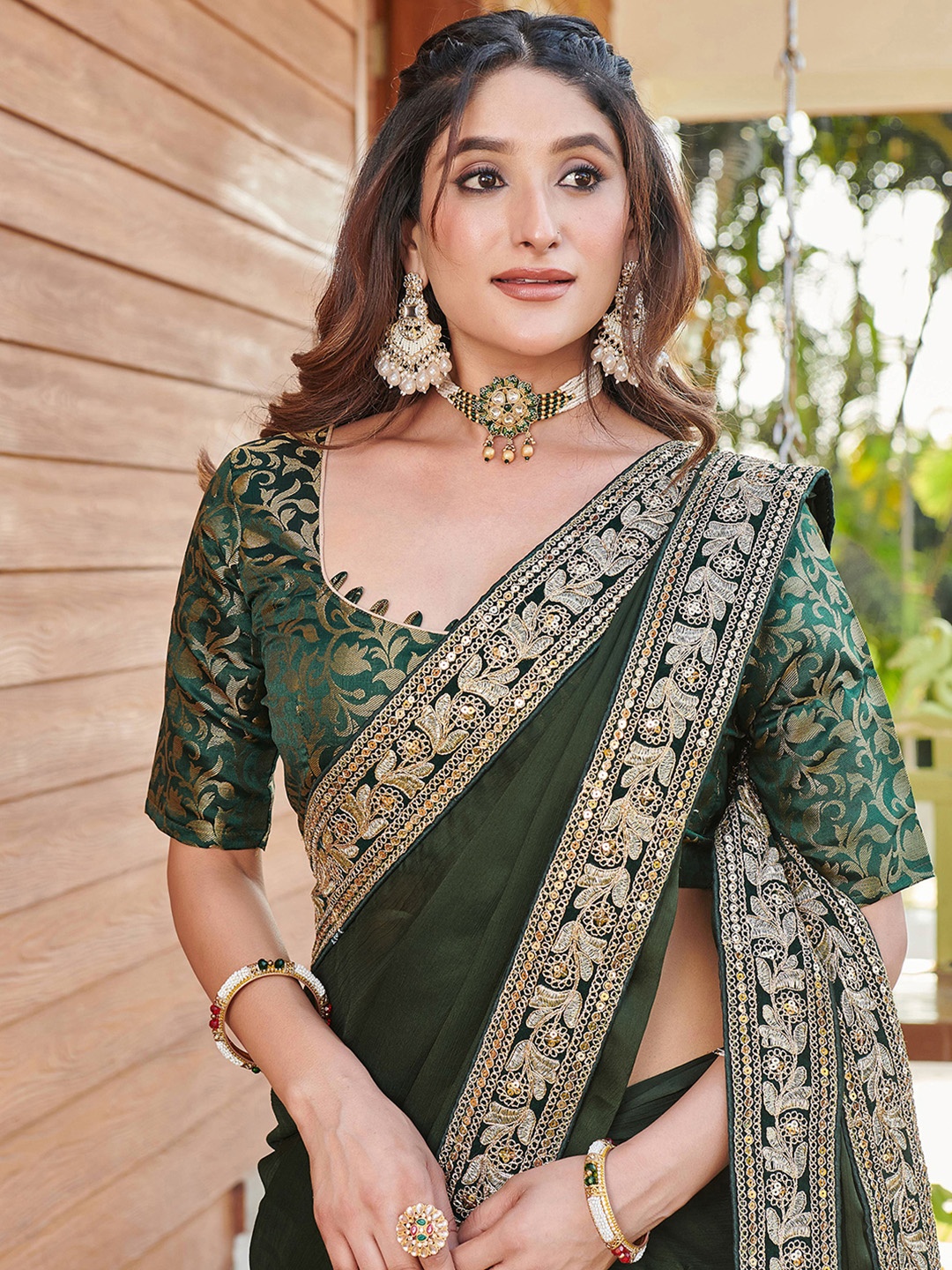 

Satrani Beads and Stones Saree, Green