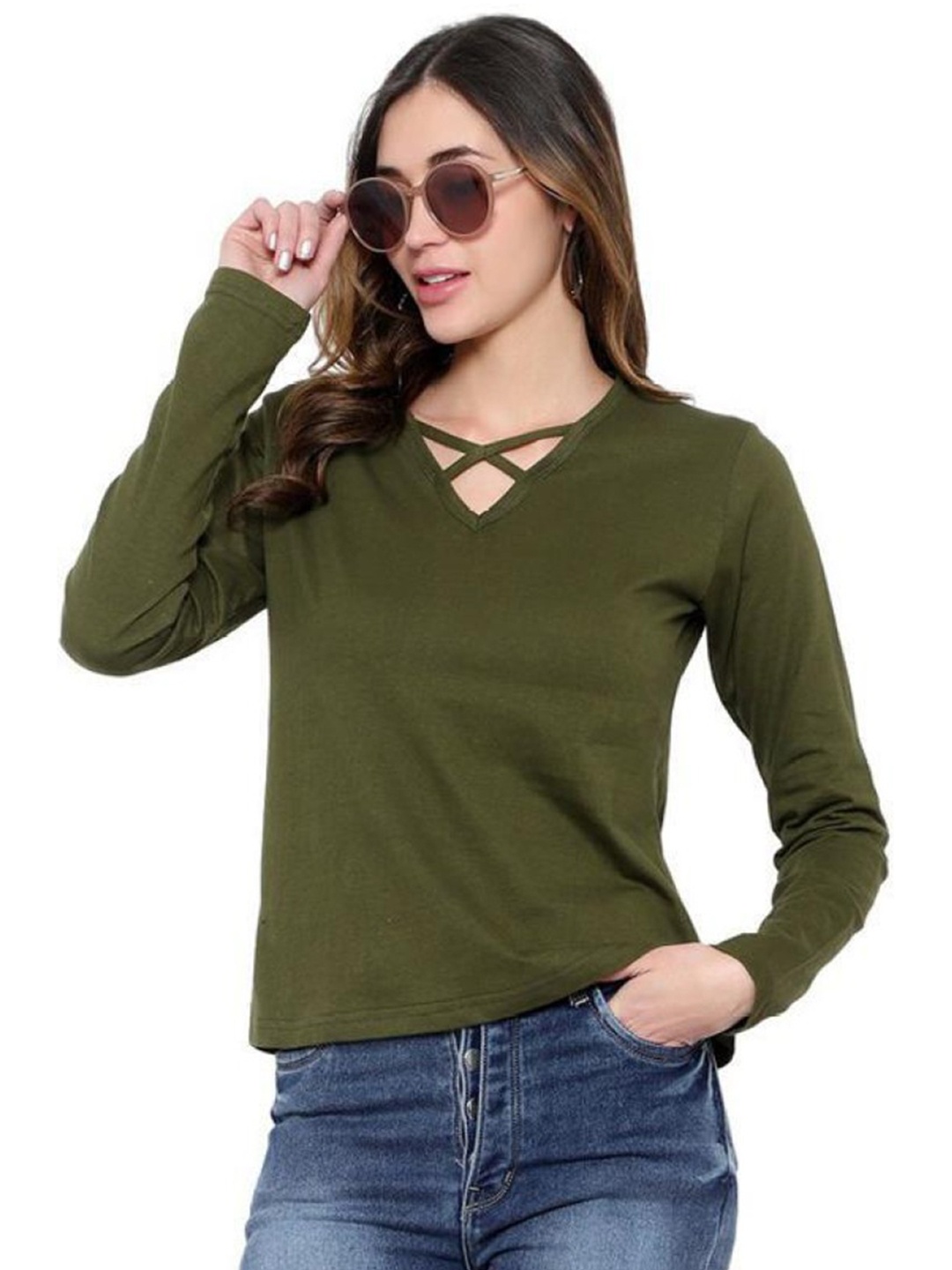 

BI FASHION Women V-Neck Pure Cotton Raw Edge T-shirt, Olive