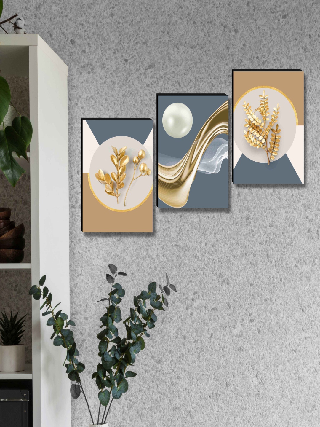 

Myntra Elegant Homes Grey & Gold-Toned 3 Pieces Leaf Floral and Botanical Wall Art