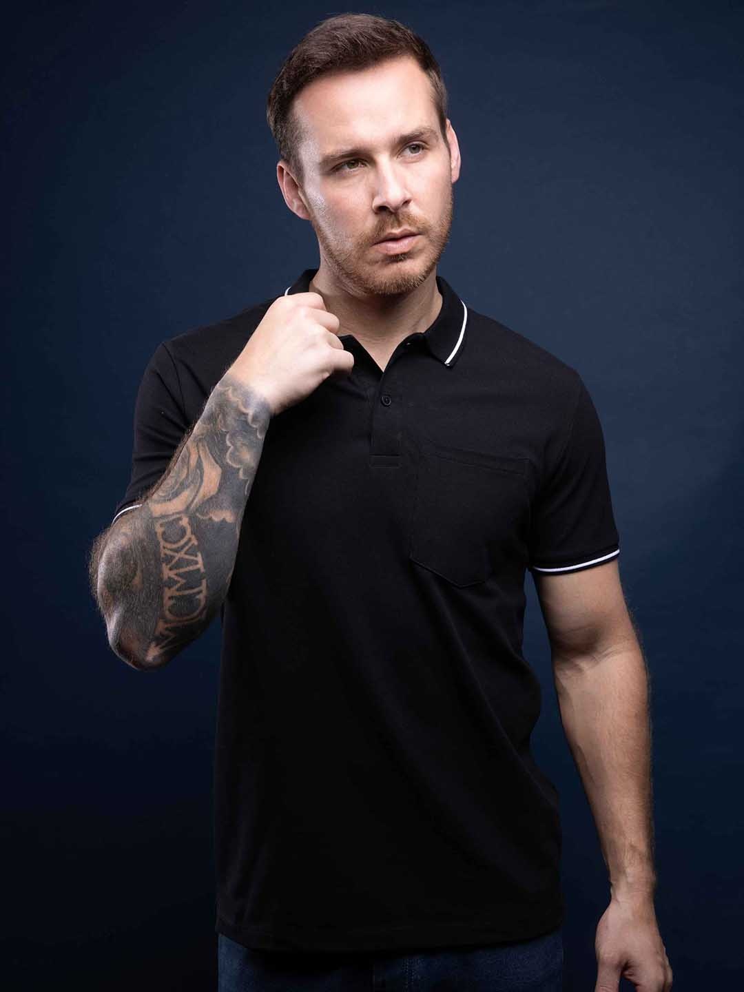 

MAXZONE Men Polo Collar Drop-Shoulder Sleeves Raw Edge T-shirt, Black
