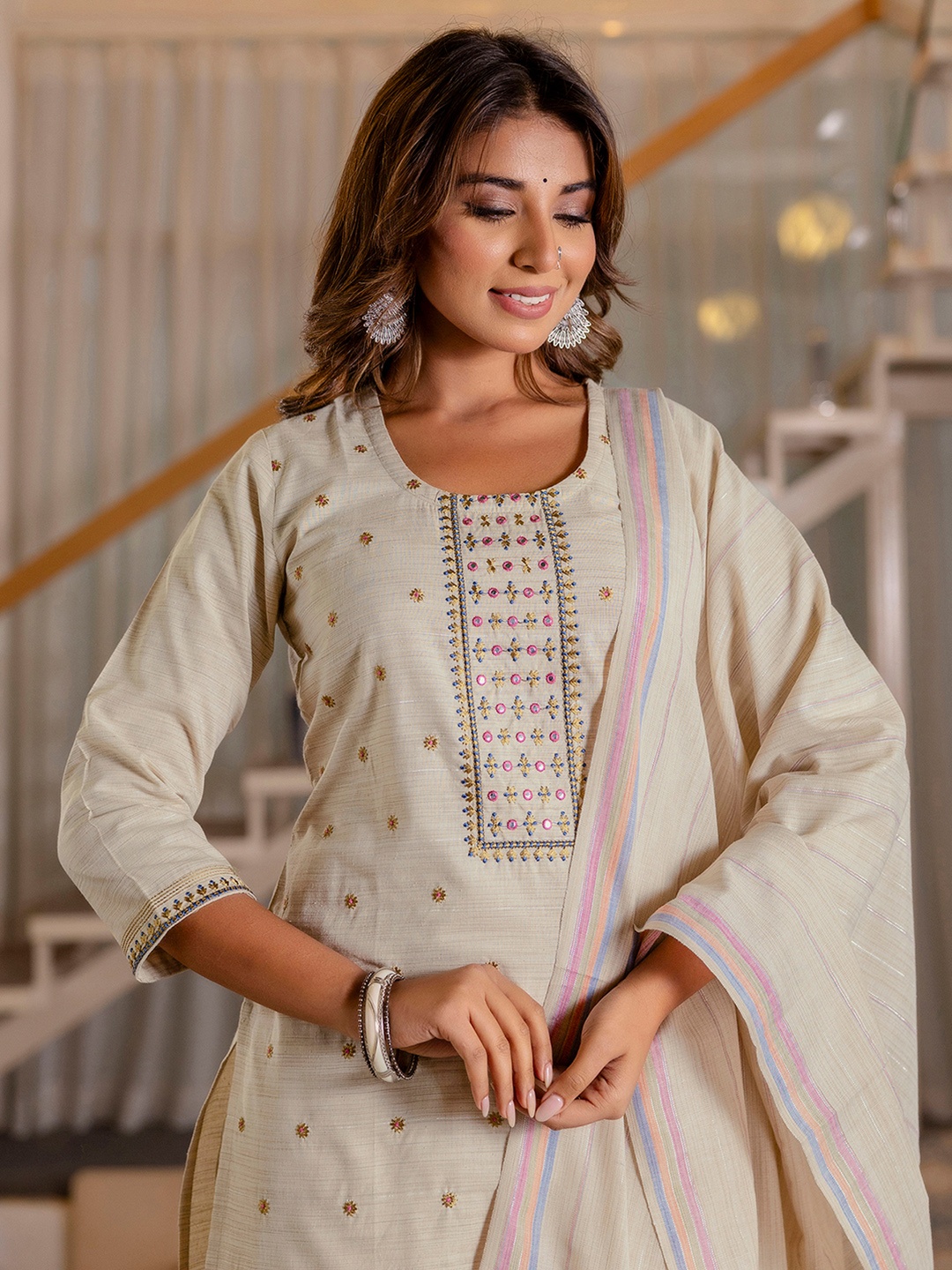 

KALINI Floral Embroidered Mirror Work Straight Kurta With Trousers & Dupatta, Cream