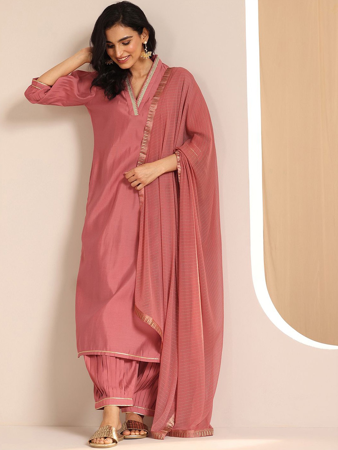 

Libas Yoke Design Sequinned V-Neck Straight Kurta With Salwar And Dupatta, Peach