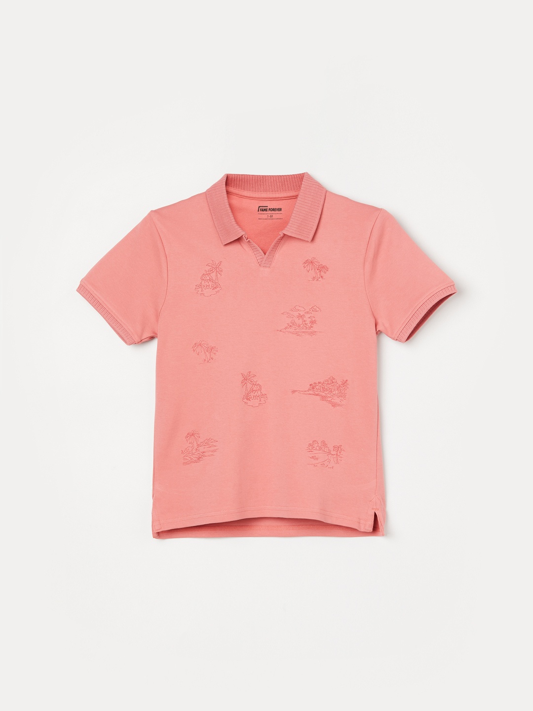 

Fame Forever by Lifestyle Boys Conversational Printed Shirt Collar Pure Cotton T-shirt, Coral