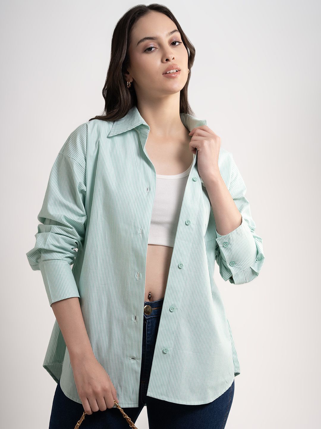 

Lounge Dreams Comfort Oversized Fit Striped Spread Collar Cotton Casual Shirt, Green