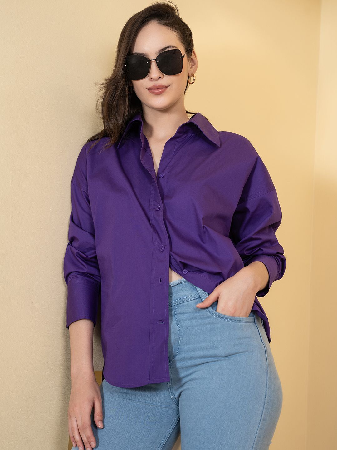 

Lounge Dreams Comfort Oversized Fit Spread Collar Cotton Casual Shirt, Purple