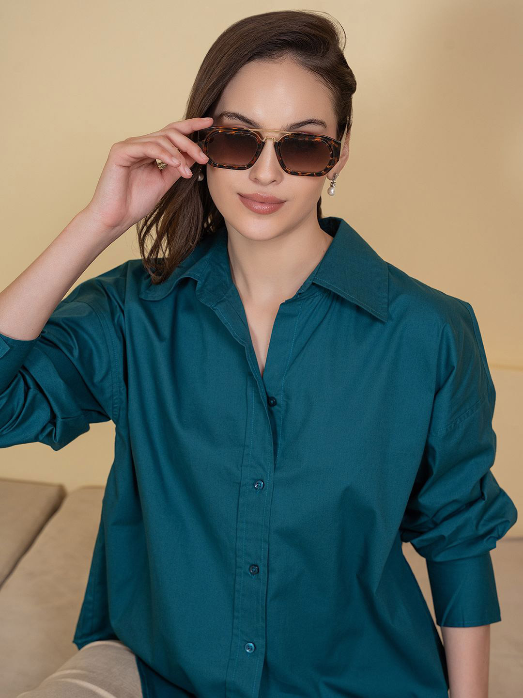 

Lounge Dreams Comfort Oversized Fit Spread Collar Cotton Casual Shirt, Turquoise blue