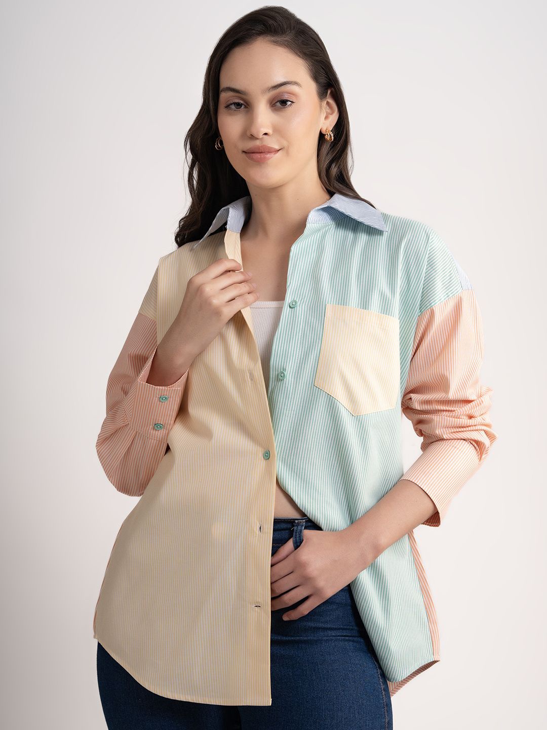 

Lounge Dreams Comfort Oversized Fit Colourblocked Spread Collar Cotton Casual Shirt, Yellow