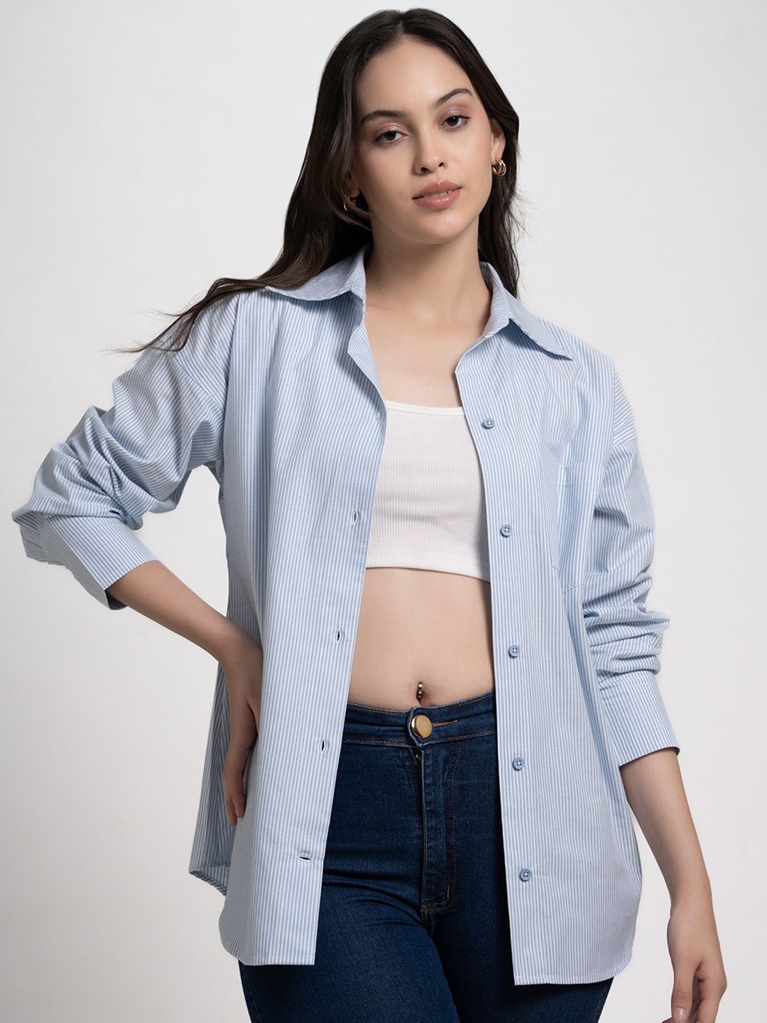 

Lounge Dreams Comfort Oversized fit StripedSpread Collar Cotton Casual Shirt, Blue